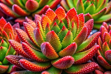 Vibrant close-up of a rare and exotic Cephalophyllum alstonii succulent plant, showcasing its striking red stems, thick waxy leaves, and intricate architectural shape.