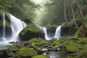 Fototapeta premium Waterfalls in forest. Fresh waterfalls in deep forest