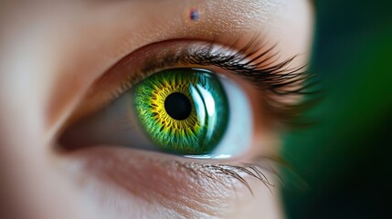 Fototapeta premium Close-up of a beautiful green eye with vibrant colors and intricate details, showcasing natural beauty and depth.