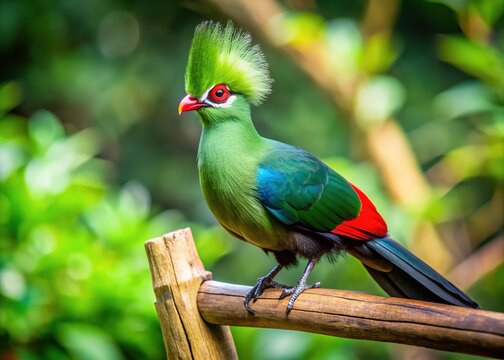 Vibrant green turaco bird perched on wooden rod, against a blurred background, with outstretched wings and crest, showcasing its unique plumage and striking features.