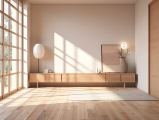 Japandi modern minimalist hallway interior with natural wood furniture in neutral colors