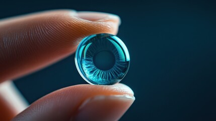 Close-up of a person holding a blue contact lens against a dark background, showcasing intricate design and vibrant color.