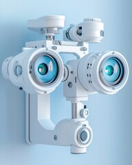 Modern eye examination equipment with dual lenses mounted on a blue wall, ideal for optical clinics and vision care.