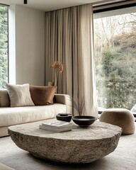 Interior view of the room with stone table in the center, large window overlooking the landscape , white sofa, boho interior design, loft