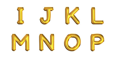 Set of golden I to P alphabet 3d render air balloon text effect. Use in birthday, anniversary, party and many more