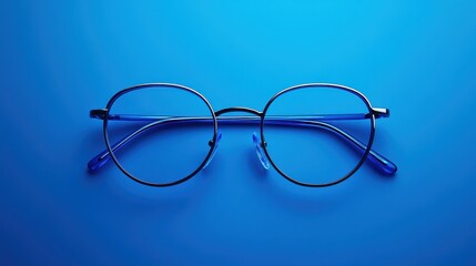 Stylish round glasses displayed on a vibrant blue background, perfect for showcasing modern eyewear fashion.