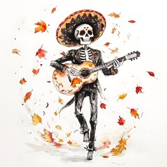 Watercolor Illustration of a Skeleton Playing Guitar with Autumn Leaves