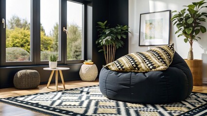 Bean bag chair in corner. Scandinavian, boho interior design of modern living room.
