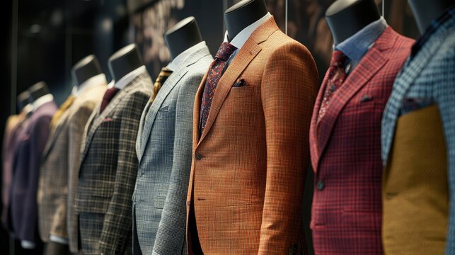 A variety of mannequins in business suits, displayed with different patterns and colors in a stylish, contemporary setup.