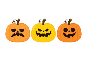 Pumpkin head set. Cute and scary Halloween pumpkin monster set. Holidays cartoon character in flat style collection.