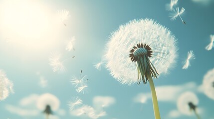 Fototapeta premium Dandelion Seeds Blowing in the Wind with Blue Sky Background