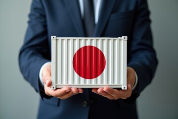 Businessman holding a container loaded with goods from Japan, Products made in Japan. Generative AI