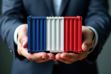 Businessman holding a container loaded with goods from France, Products made in France. Generative AI
