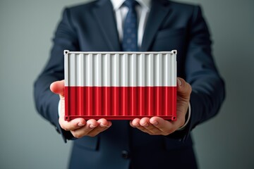 Businessman holding a container loaded with goods from Poland. Generative AI