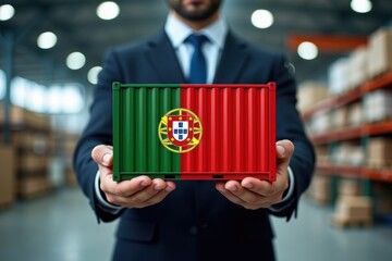 Obraz premium Businessman holding a container loaded with goods from Portugal. Generative AI