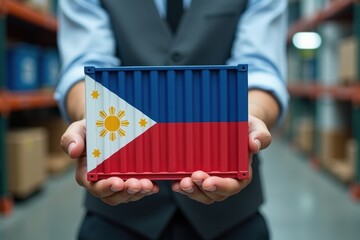 Businessman holding a container loaded with goods from Philippines. Generative AI