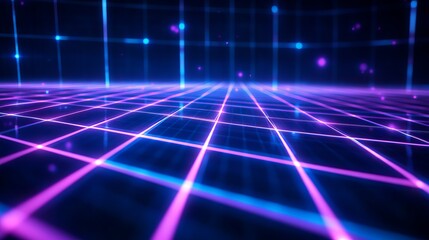 Cyan blue and purple grids neon glow light lines design on perspective floor, creativity, digital, internet, cyberpunk, virtual reality concept, hi-tech abstract backgroud.