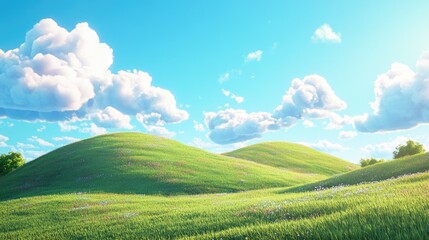 Obraz premium Anime-style hill with rounded corners and gentle grass, with a light blue sky and puffy clouds in a colorful 3D matte texture.