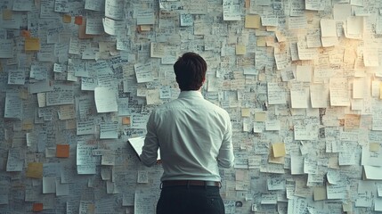man brainstorming in front of note-covered wall, planning strategy and research work, observation and creative process in action