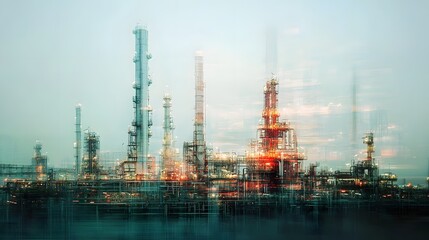Industrial Landscape   Abstract Oil Refinery Silhouette with Lights