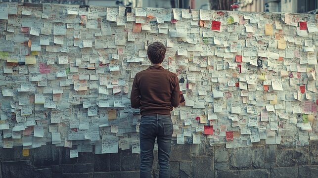 wall covered in notes being analysed by man, project planning and investigation, focused thinking and information study in office