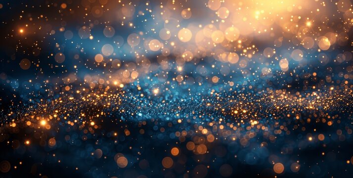 Abstract Glitter Background with Golden and Teal Dots on Dark Blue