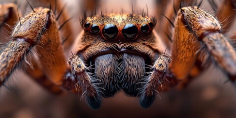 Detailed macro shot of a spider’s head with sharp focus on its multiple eyes and hairy legs