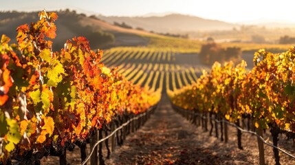Autumn vineyard with warm sunlight, vibrant fall colors on grapevines, and scenic rolling hills in the background.
