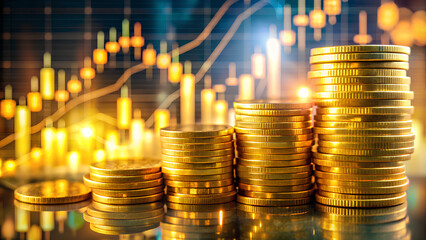 Coin and graph chart or Forex, Analyze profit finance business. Double exposure. on blurred background
