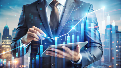 Close-up, Double exposure of businessman using tablet, financial info graph show rising, Financial and investment concept