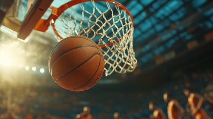 dynamic basketball play with the ball going through the hoop, capturing the intensity and adrenaline of a high-stakes game
