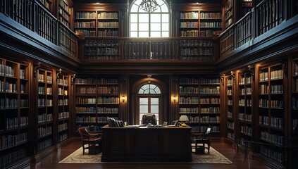 Fototapeta premium Interior design of a grand library with a large desk and bookshelves.