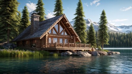 Fototapeta premium A wooden hut on the lake shore is a log cabin surrounded by trees, mountains and water in a natural landscape.