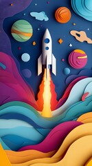 A rocket launch with planets and stars in the background, colorful paper cut art style