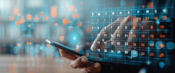 Businessman using smartphone with virtual calendar for scheduling and planning weekly tasks
