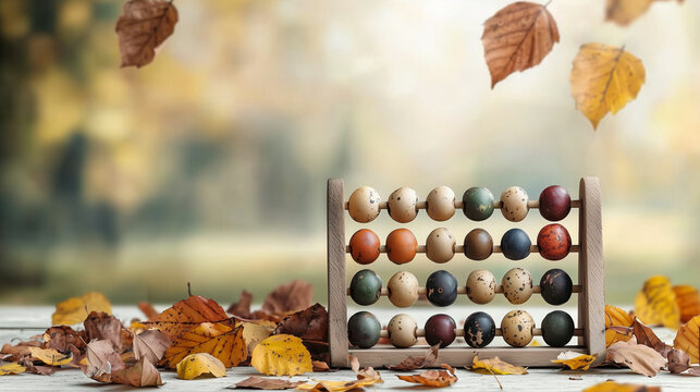abacus with colourful beads on an old wooden table, symbolizing the concept of calculator math and mathematical computing