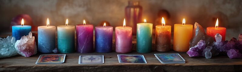 A row of beautiful scented, aromatherapy soy or beeswax candles in different colours, with fortune telling tarot cards and healing crystals on a rustic wood bench. Suitable for a wide header or banner