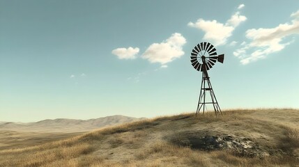 A Solitary Windmill Stands Tall on a Barren Hilltop with a Dramatic Sky