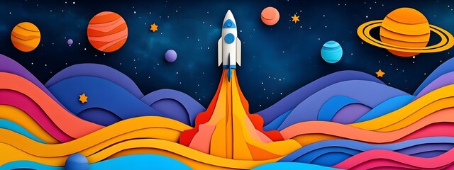 A rocket launch with planets and stars in the background, colorful paper cut art style