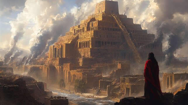 jonah in nineveh waiting for the city's fate, ancient portrait with biblical elements, religious art depicting prayerful moment