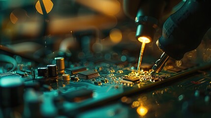 Close-up of professional soldering iron and electronic components on workbench, glowing ready for use, circuit boards in background, technical repair and electronics assembly concept.