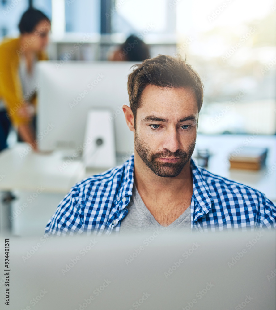 Poster small business, man and graphic designer on computer for online website, programming or software. ty