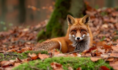 Fototapeta premium Red Fox Resting on Moss in a Forest Covered With Autumn Leaves During Golden Hour Light