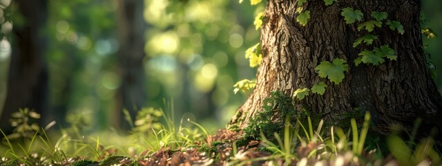 The trunk of a large, strong tree with dark green leaves is beginning to show signs of decay.