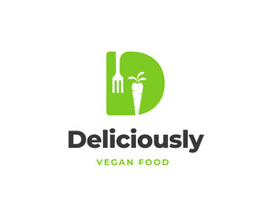Initial Letter D with Fork and Carrot Icon for Organic Restaurant Logo Design Vector Illustration