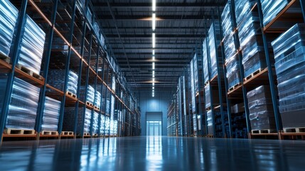 A View down a Long Row of Pallets in a Modern, High-Tech Warehouse, with Products Wrapped in Plastic and Stored in a Grid System