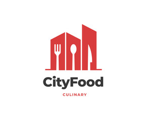 Restaurant logo with city building silhouette and cutlery for urban cuisine vector illustration
