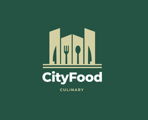 Restaurant logo with city building silhouette and cutlery for urban cuisine vector illustration