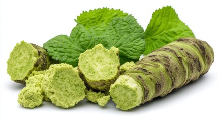 Fresh Wasabi Root With Green Leaves Displayed on a White Background Ready for Culinary Use