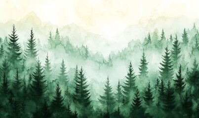 Fototapeta premium Lush Green Forest Shrouded in Mist at Dawn With Distant Mountains in the Background